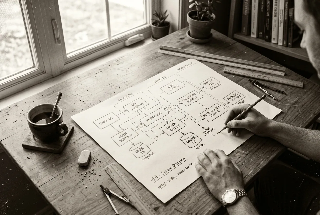Plano de arquitectura de sistemas dibujado a lápiz